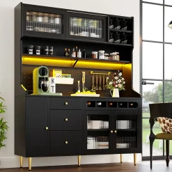 Buffet Haut - Armoire de Rangement avec LED et Étagères Réglables - avec Tiroirs et Porte-Bouteilles - en MDF - Noir
