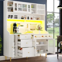 Buffet Haut - Armoire de Rangement avec LED et Étagères Réglables - avec Tiroirs et Porte-Bouteilles - en MDF - Blanc
