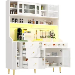 Buffet Haut - Armoire de Rangement avec LED et Étagères Réglables - avec Tiroirs et Porte-Bouteilles - en MDF - Blanc