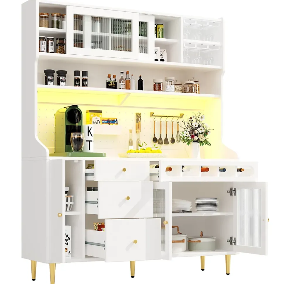 Buffet Haut - Armoire de Rangement avec LED et Étagères Réglables - avec Tiroirs et Porte-Bouteilles - en MDF - Blanc