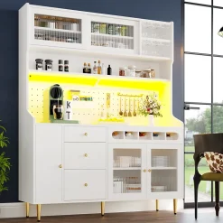 Buffet Haut - Armoire de Rangement avec LED et Étagères Réglables - avec Tiroirs et Porte-Bouteilles - en MDF - Blanc