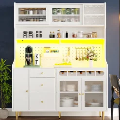 Buffet Haut - Armoire de Rangement avec LED et Étagères Réglables - avec Tiroirs et Porte-Bouteilles - en MDF - Blanc
