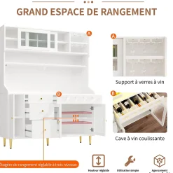 Buffet Haut - Armoire de Rangement avec LED et Étagères Réglables - avec Tiroirs et Porte-Bouteilles - en MDF - Blanc