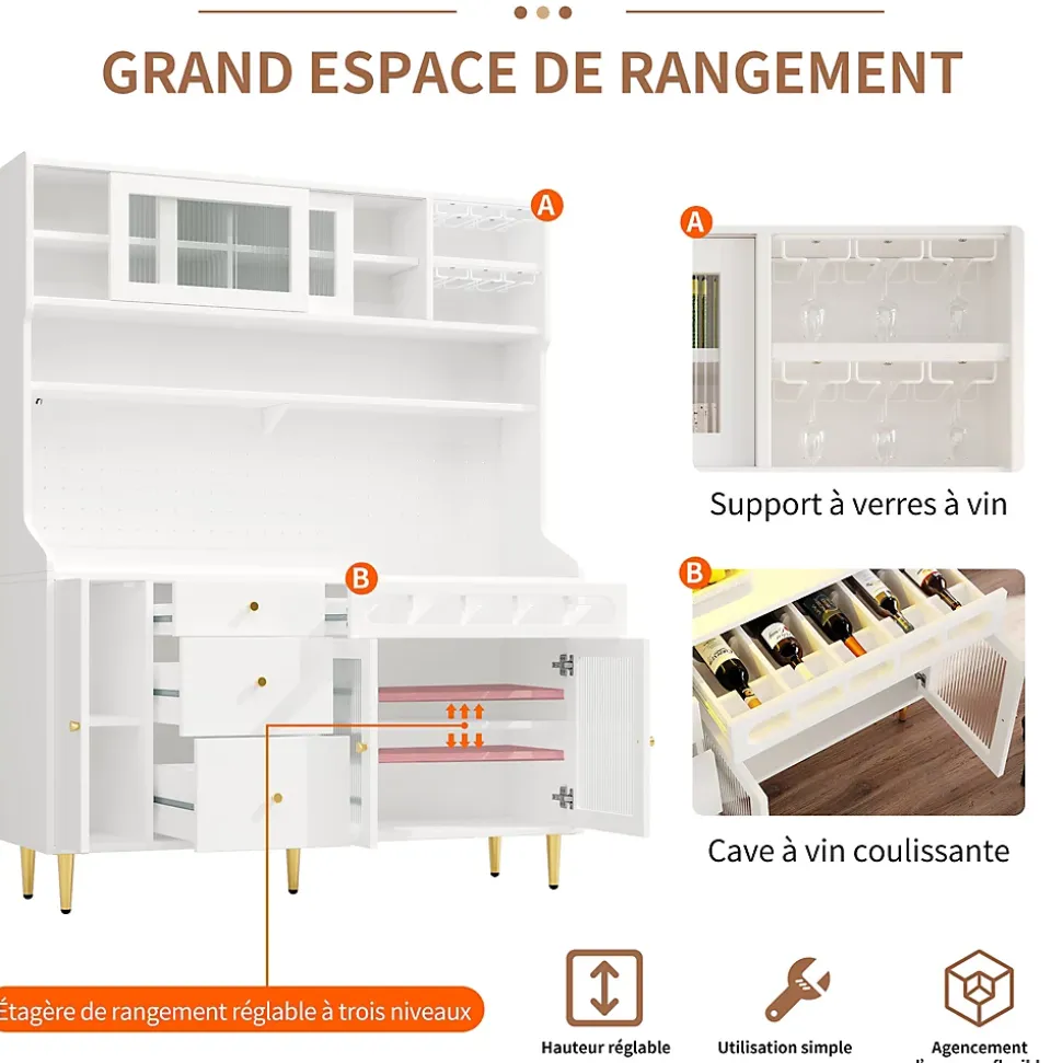 Buffet Haut - Armoire de Rangement avec LED et Étagères Réglables - avec Tiroirs et Porte-Bouteilles - en MDF - Blanc