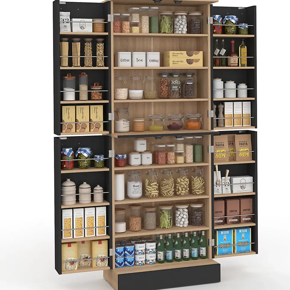Buffet haut armoire de cuisine H.160 cm ALTO 4 portes avec rangements façon hêtre et noir