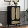 Buffet Haut avec 2 Portes en Rotin et 1 Tiroir - Structure MDF - 60 x 40 x 110,5 cm - Noir