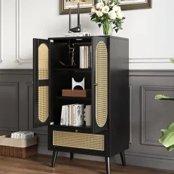 Buffet Haut avec 2 Portes en Rotin et 1 Tiroir - Structure MDF - 60 x 40 x 110,5 cm - Noir