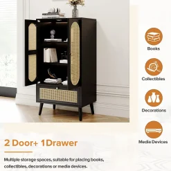 Buffet Haut avec 2 Portes en Rotin et 1 Tiroir - Structure MDF - 60 x 40 x 110,5 cm - Noir