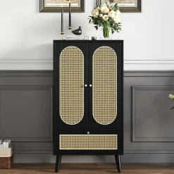 Buffet Haut avec 2 Portes en Rotin et 1 Tiroir - Structure MDF - 60 x 40 x 110,5 cm - Noir