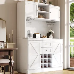 Buffet Haut avec 4 Portes et 2 Tiroirs, Range-Bouteilles et Étagères Réglables, MDF - Blanc - 106x40x179,5 cm