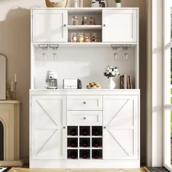 Buffet Haut avec 4 Portes et 2 Tiroirs, Range-Bouteilles et Étagères Réglables, MDF - Blanc - 106x40x179,5 cm