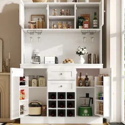 Buffet Haut avec 4 Portes et 2 Tiroirs, Range-Bouteilles et Étagères Réglables, MDF - Blanc - 106x40x179,5 cm