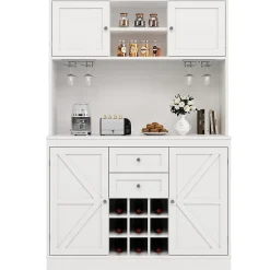 Buffet Haut avec 4 Portes et 2 Tiroirs, Range-Bouteilles et Étagères Réglables, MDF - Blanc - 106x40x179,5 cm