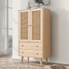 Buffet Haut avec 2 Portes en Rotin et 2 Tiroirs - 4 Compartiments Fixes - MDF - 60 x 40 x 120 cm - Naturel