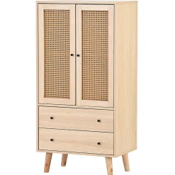 Buffet Haut avec 2 Portes en Rotin et 2 Tiroirs - 4 Compartiments Fixes - MDF - 60 x 40 x 120 cm - Naturel
