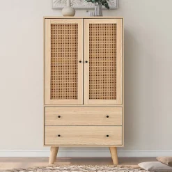 Buffet Haut avec 2 Portes en Rotin et 2 Tiroirs - 4 Compartiments Fixes - MDF - 60 x 40 x 120 cm - Naturel