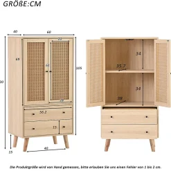 Buffet Haut avec 2 Portes en Rotin et 2 Tiroirs - 4 Compartiments Fixes - MDF - 60 x 40 x 120 cm - Naturel