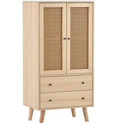 Buffet Haut avec 2 Portes en Rotin et 2 Tiroirs - 4 Compartiments Fixes - MDF - 60 x 40 x 120 cm - Naturel