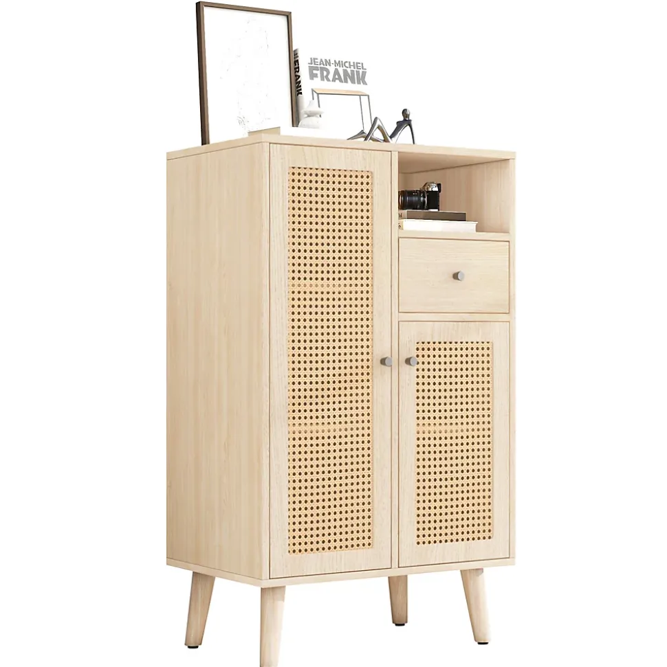 Buffet Haut avec 2 Portes en Rotin, 1 Tiroir et Niche ouverte - Structure MDF - 60 x 40 x 101 cm - Naturel
