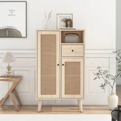 Buffet Haut avec 2 Portes en Rotin, 1 Tiroir et Niche ouverte - Structure MDF - 60 x 40 x 101 cm - Naturel
