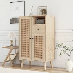 Buffet Haut avec 2 Portes en Rotin, 1 Tiroir et Niche ouverte - Structure MDF - 60 x 40 x 101 cm - Naturel
