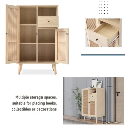 Buffet Haut avec 2 Portes en Rotin, 1 Tiroir et Niche ouverte - Structure MDF - 60 x 40 x 101 cm - Naturel