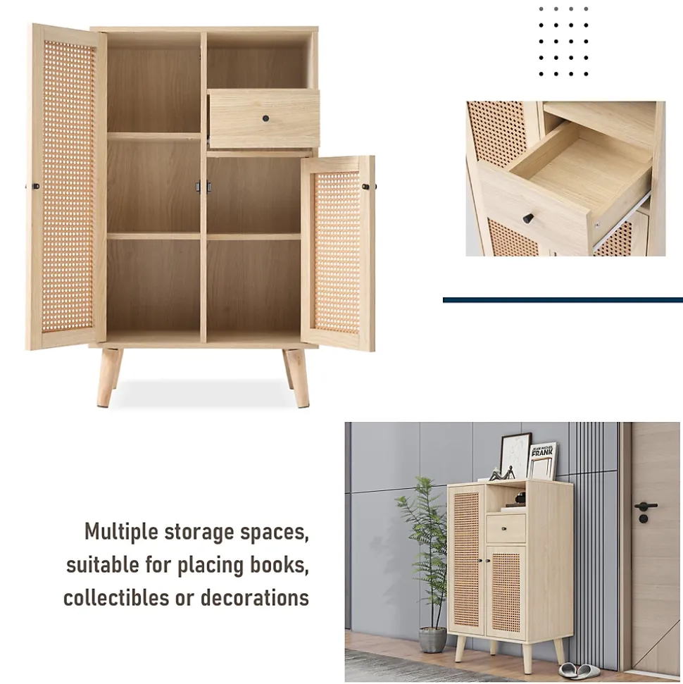 Buffet Haut avec 2 Portes en Rotin, 1 Tiroir et Niche ouverte - Structure MDF - 60 x 40 x 101 cm - Naturel