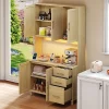 Buffet Haut avec Éclairage LED Bluetooth, 2 Ports USB, 2 Prises, Étagères ouvertes et 3 Tiroirs - Naturel