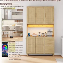 Buffet Haut avec Éclairage LED Bluetooth, 2 Ports USB, 2 Prises, Étagères ouvertes et 3 Tiroirs - Naturel