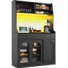 Buffet Haut avec Éclairage LED - Vitrine avec 2 Tiroirs et Étagères Réglables, Meuble de Rangement, MDF - Noir, 120x40x180 cm