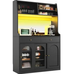 Buffet Haut avec Éclairage LED - Vitrine avec 2 Tiroirs et Étagères Réglables, Meuble de Rangement, MDF - Noir, 120x40x180 cm