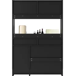 Buffet Haut avec Éclairage LED - Vitrine avec 2 Tiroirs et Étagères Réglables, Meuble de Rangement, MDF - Noir, 120x40x180 cm