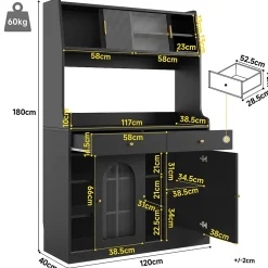 Buffet Haut avec Éclairage LED - Vitrine avec 2 Tiroirs et Étagères Réglables, Meuble de Rangement, MDF - Noir, 120x40x180 cm