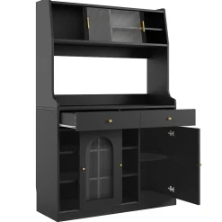 Buffet Haut avec Éclairage LED - Vitrine avec 2 Tiroirs et Étagères Réglables, Meuble de Rangement, MDF - Noir, 120x40x180 cm