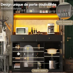 Buffet Haut avec Éclairage LED - Vitrine avec 2 Tiroirs et Étagères Réglables, Meuble de Rangement, MDF - Noir, 120x40x180 cm