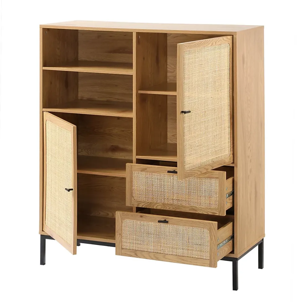 Buffet Haut avec Façades en Rotin Naturel - L100 x H120 cm - JAYA