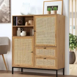 Buffet Haut avec Façades en Rotin Naturel - L100 x H120 cm - JAYA