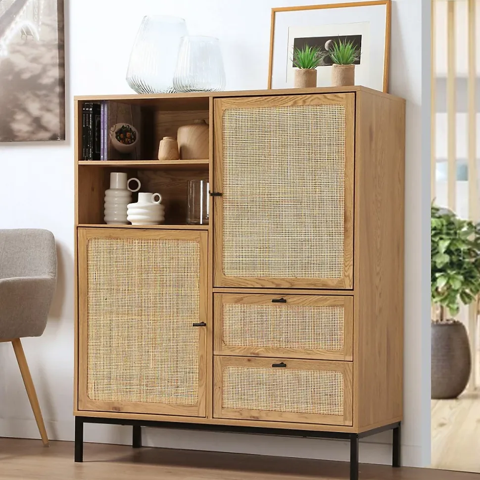 Buffet Haut avec Façades en Rotin Naturel - L100 x H120 cm - JAYA