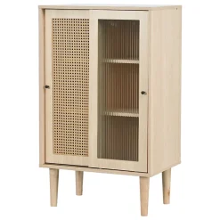 Buffet Haut avec Portes Rotin Plastique et Coulissantes Verre, 6 Compartiments, Pieds Bois Massif, 60x40x100 cm - Naturel