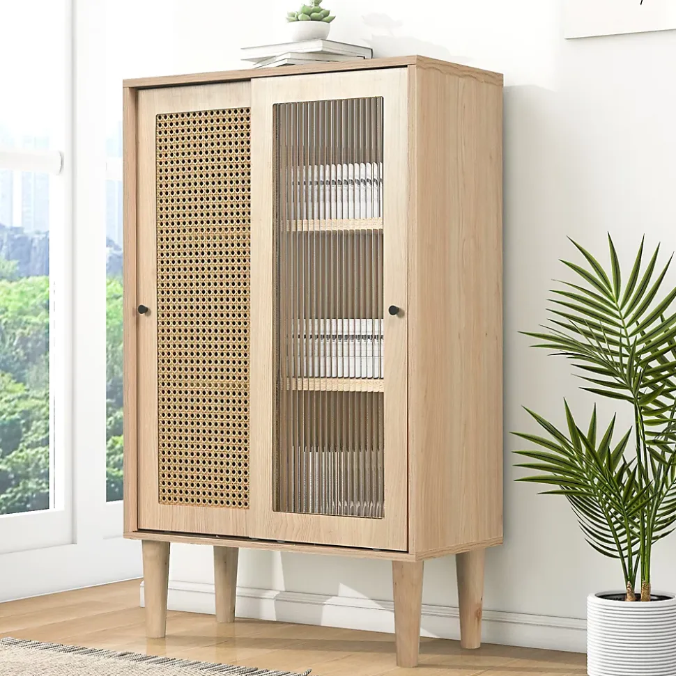Buffet Haut avec Portes Rotin Plastique et Coulissantes Verre, 6 Compartiments, Pieds Bois Massif, 60x40x100 cm - Naturel