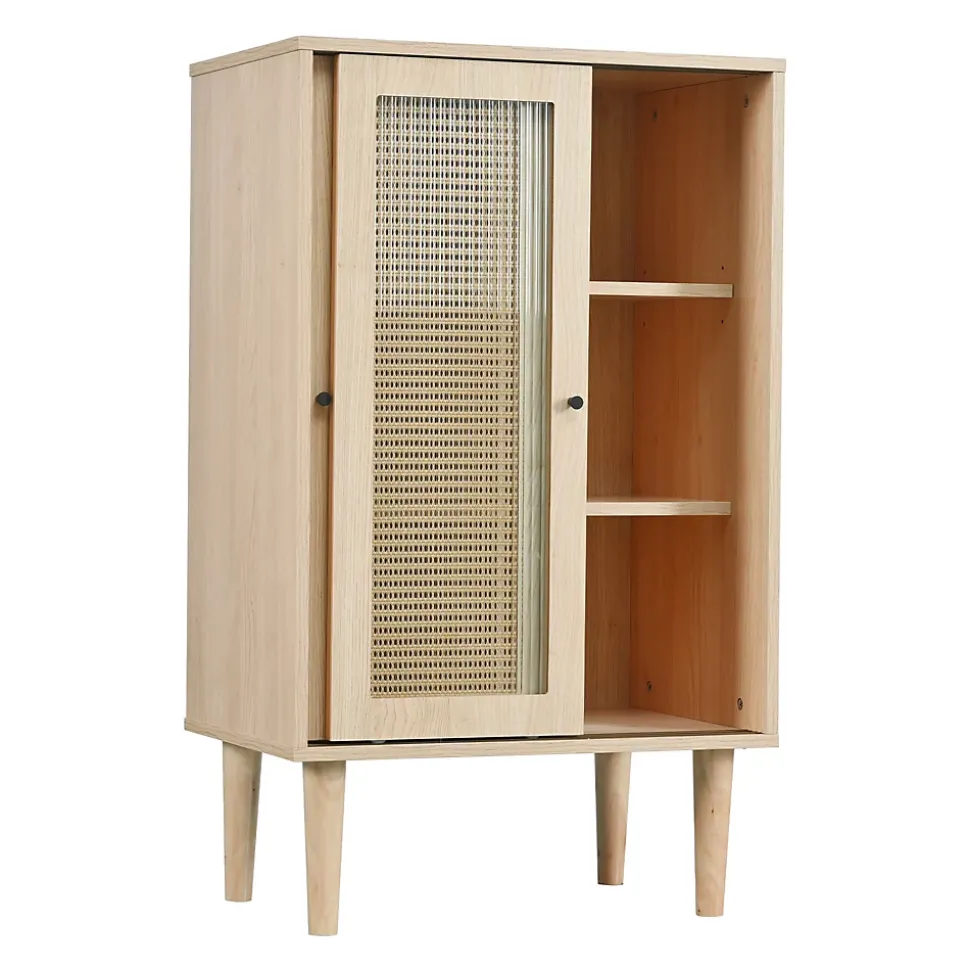 Buffet Haut avec Portes Rotin Plastique et Coulissantes Verre, 6 Compartiments, Pieds Bois Massif, 60x40x100 cm - Naturel