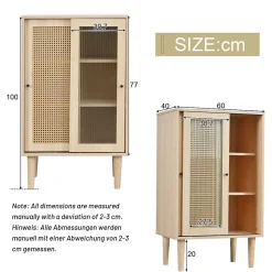 Buffet Haut avec Portes Rotin Plastique et Coulissantes Verre, 6 Compartiments, Pieds Bois Massif, 60x40x100 cm - Naturel