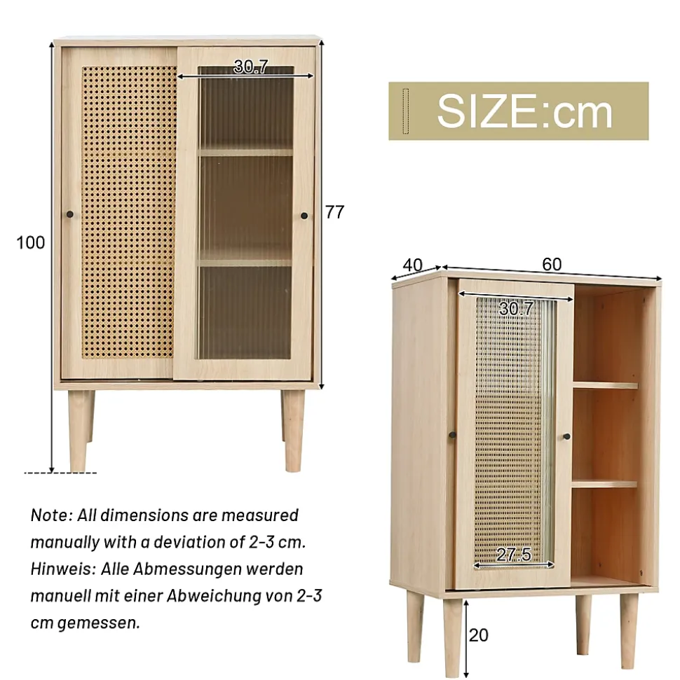 Buffet Haut avec Portes Rotin Plastique et Coulissantes Verre, 6 Compartiments, Pieds Bois Massif, 60x40x100 cm - Naturel