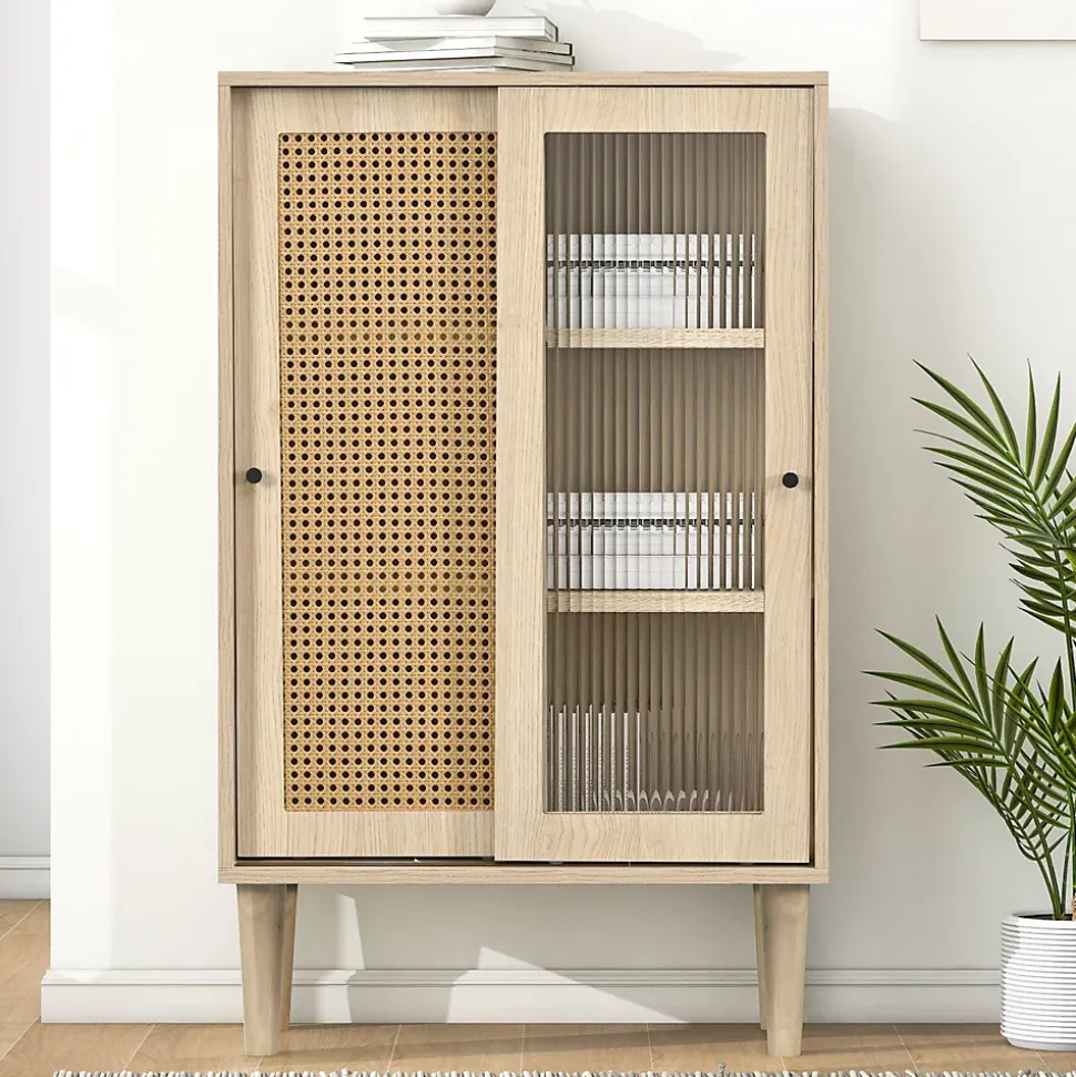 Buffet Haut avec Portes Rotin Plastique et Coulissantes Verre, 6 Compartiments, Pieds Bois Massif, 60x40x100 cm - Naturel