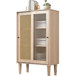 Buffet Haut avec Portes Rotin Plastique et Coulissantes Verre, 6 Compartiments, Pieds Bois Massif, 60x40x100 cm - Naturel