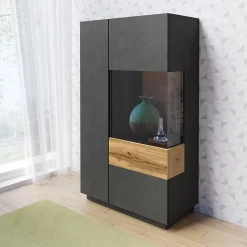 Buffet haut collection KILES deux portes. Coloris gris anthracite et chene. Porte vitrée à droite