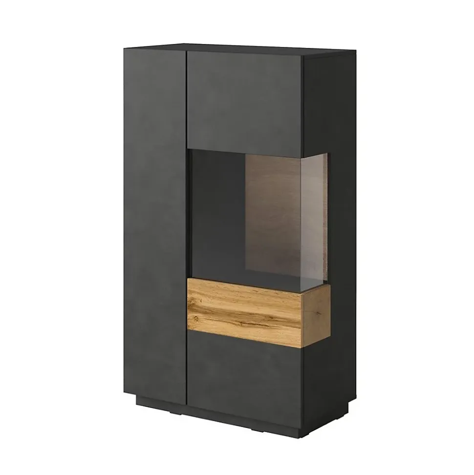 Buffet haut collection KILES deux portes. Coloris gris anthracite et chene. Porte vitrée à droite