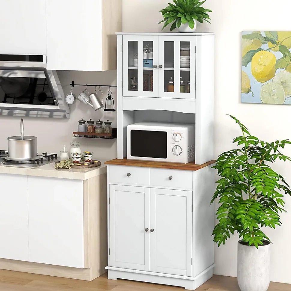 Buffet Haut Cuisine 170cm avec Espace Ouvert-Porte en Verre Trempé-Comptoir Bois d'hévéa-Étagères Réglables Blanc