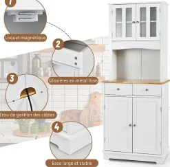 Buffet Haut Cuisine 170cm avec Espace Ouvert-Porte en Verre Trempé-Comptoir Bois d'hévéa-Étagères Réglables Blanc