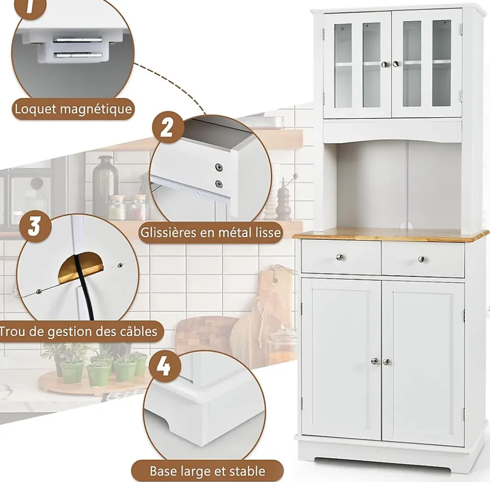 Buffet Haut Cuisine 170cm avec Espace Ouvert-Porte en Verre Trempé-Comptoir Bois d'hévéa-Étagères Réglables Blanc